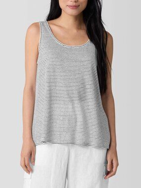 Eileen Fisher Organic Linen Striped Tank Top XXS Blue White Sleeveless Nautical